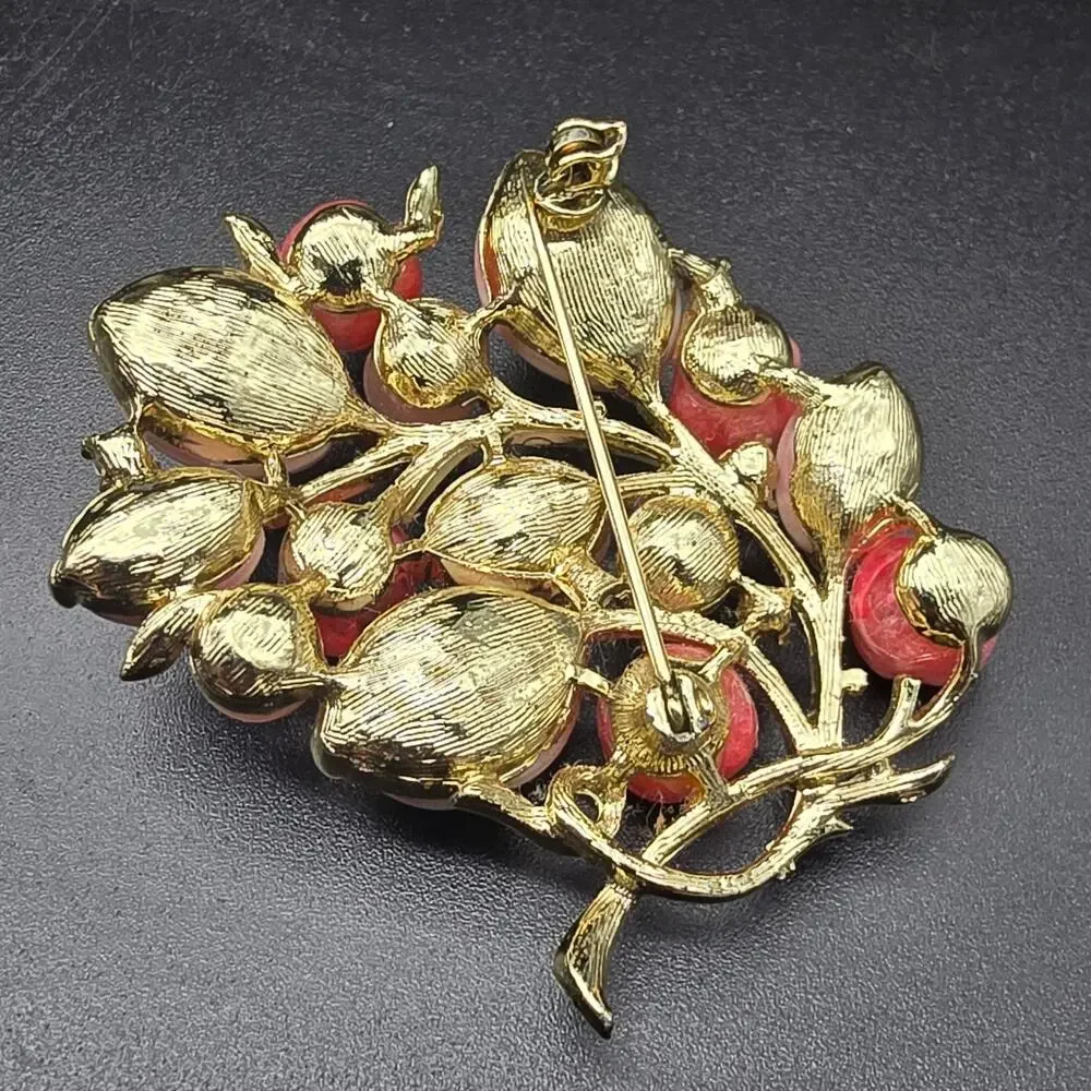 Pink Molded Glass Faux Pearl Brooch Flowers Bouquet Vintage Jewelry